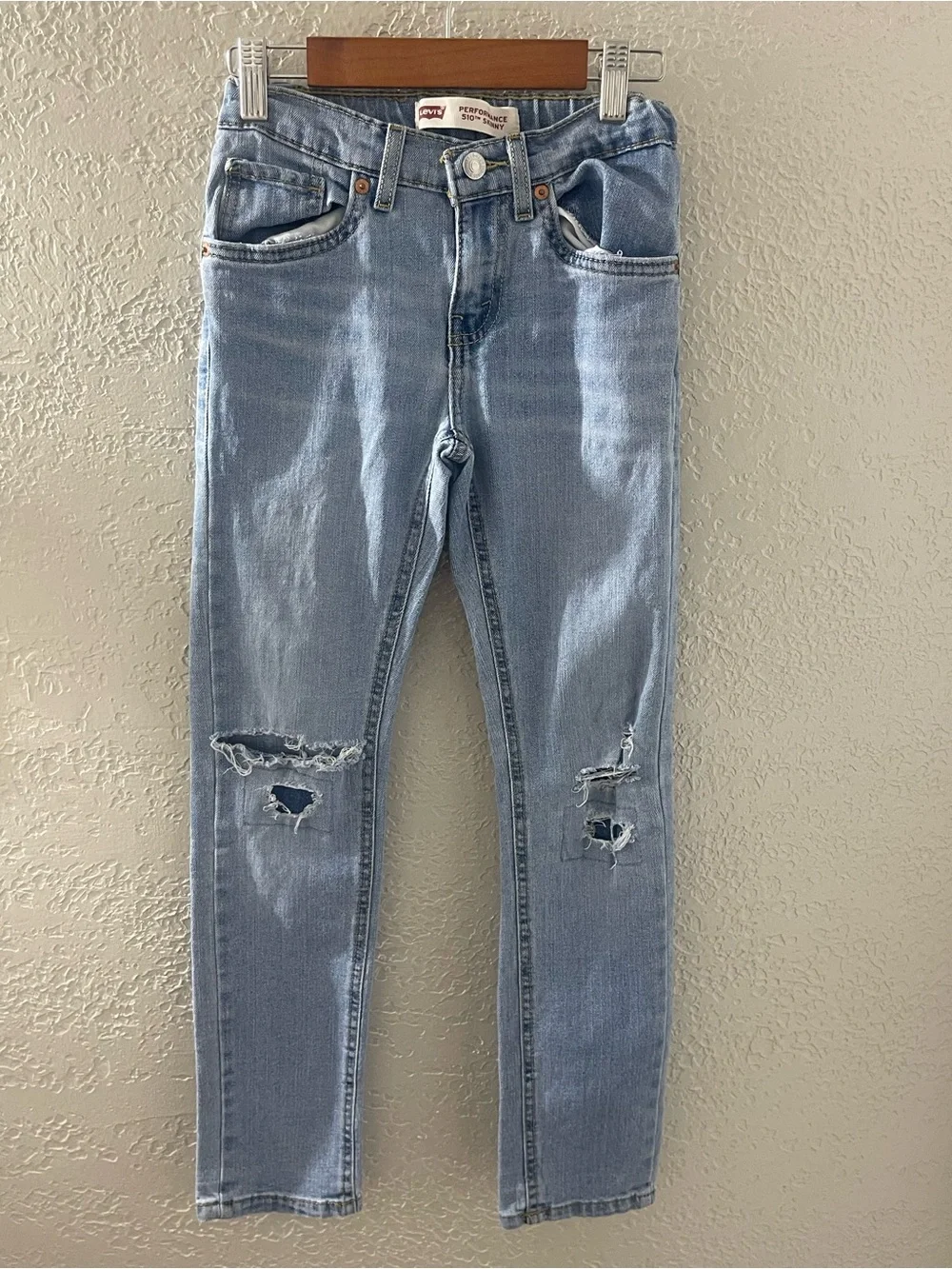 Levi's 510 Skinny Light Blue Distressed Denim Jeans Adjustable Waist 10 Regular